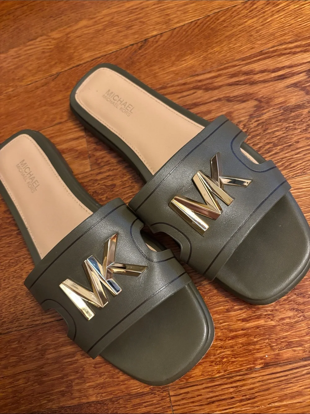 Michael Kors Olive Green Slide Sandals with Gold MK Logo